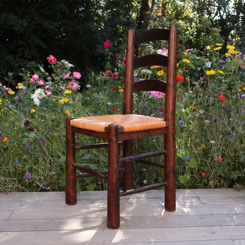 Set of 8 vintage wood and straw chairs by Georges Robert, 1950