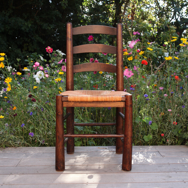 Set of 8 vintage wood and straw chairs by Georges Robert, 1950