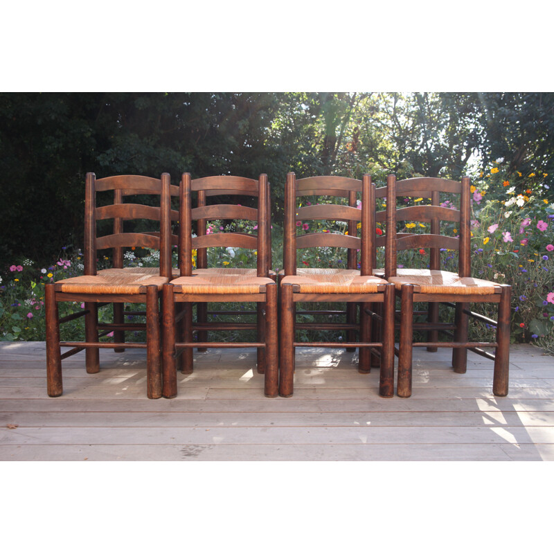 Set of 8 vintage wood and straw chairs by Georges Robert, 1950