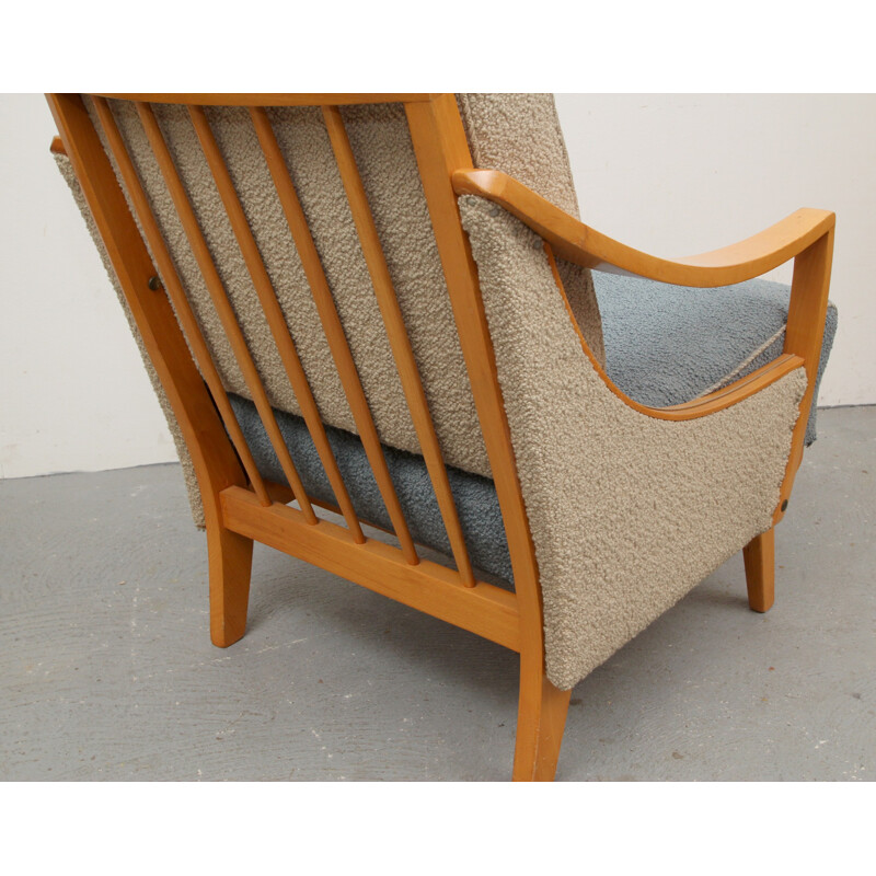 Bicolor blue and beige armchair in wood - 1950s