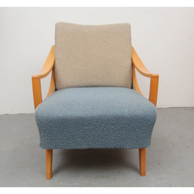 Bicolor blue and beige armchair in wood - 1950s