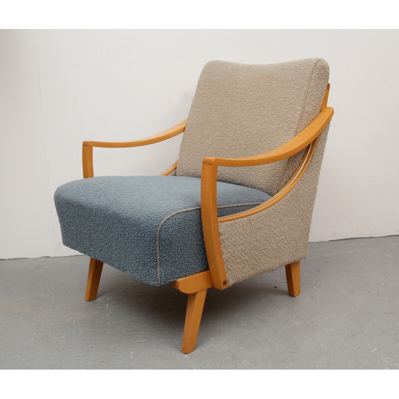 Bicolor blue and beige armchair in wood - 1950s