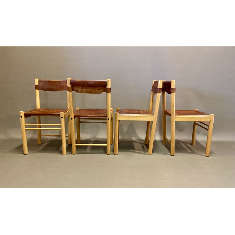 Set of 4 vintage Sede chairs in leather and beechwood for Ibisco, 1960