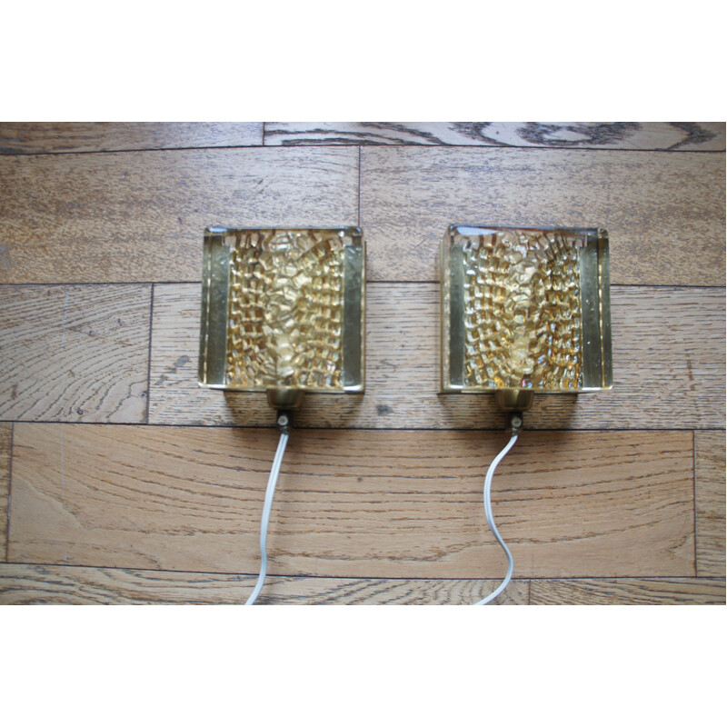 Pair of vintage Vitrika wall lamps in smoked and blown glass, Sweden 1960