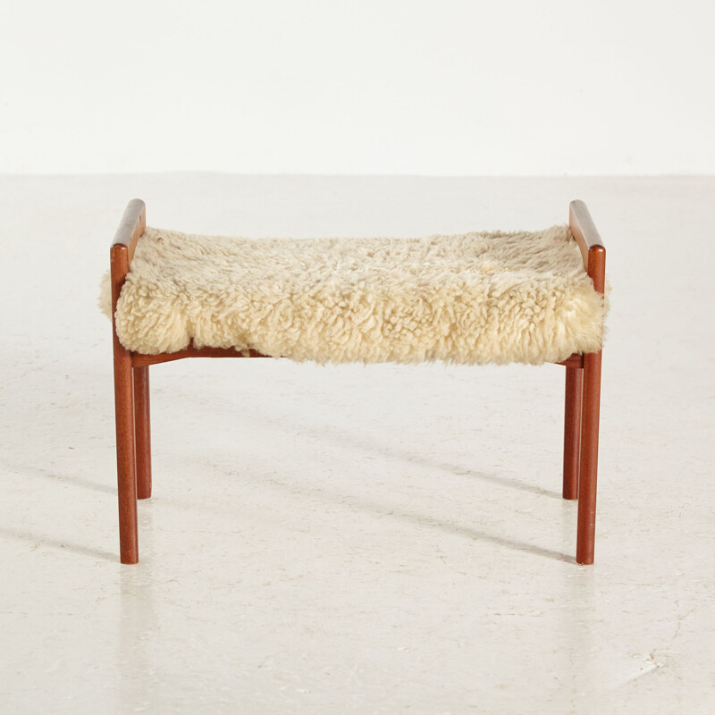 Teak vintage footrest with wool upholstery