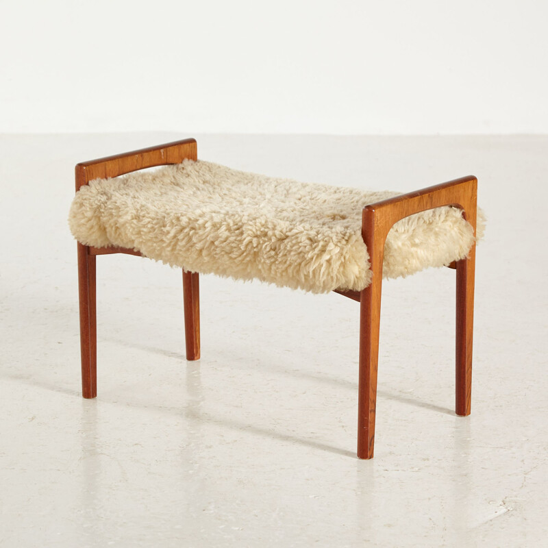 Teak vintage footrest with wool upholstery