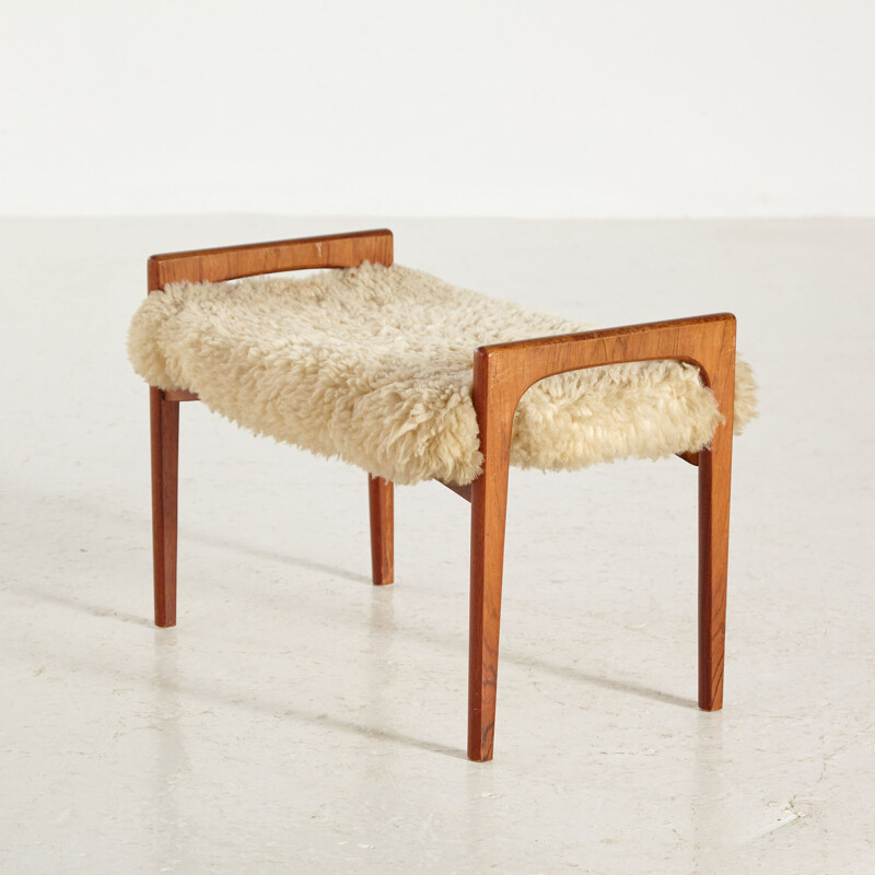 Teak vintage footrest with wool upholstery