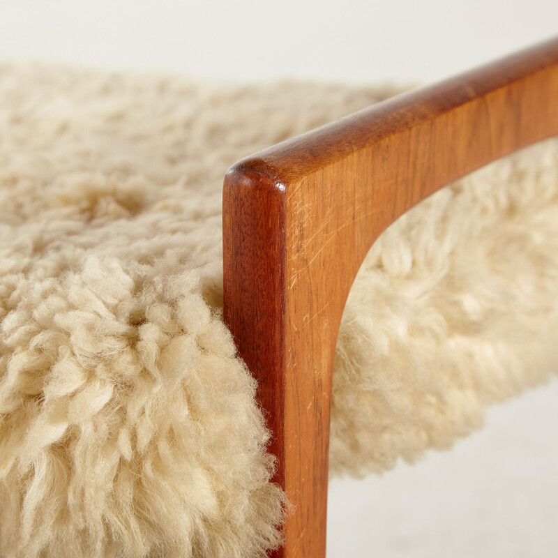 Teak vintage footrest with wool upholstery