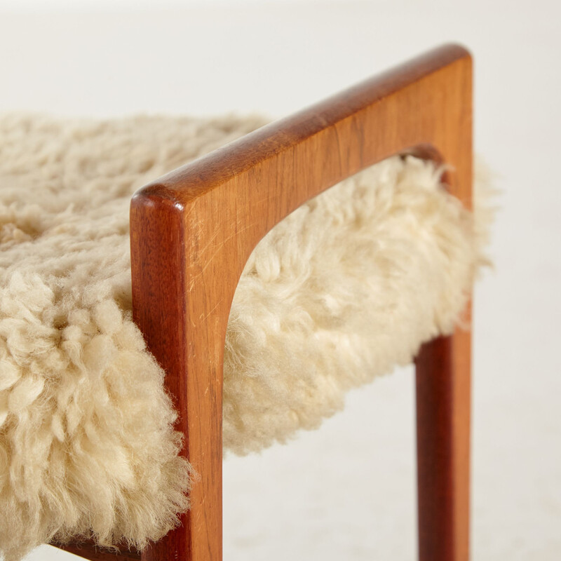 Teak vintage footrest with wool upholstery