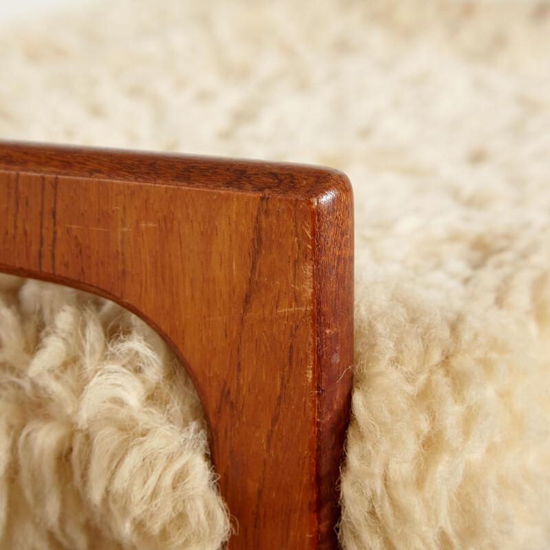 Teak vintage footrest with wool upholstery