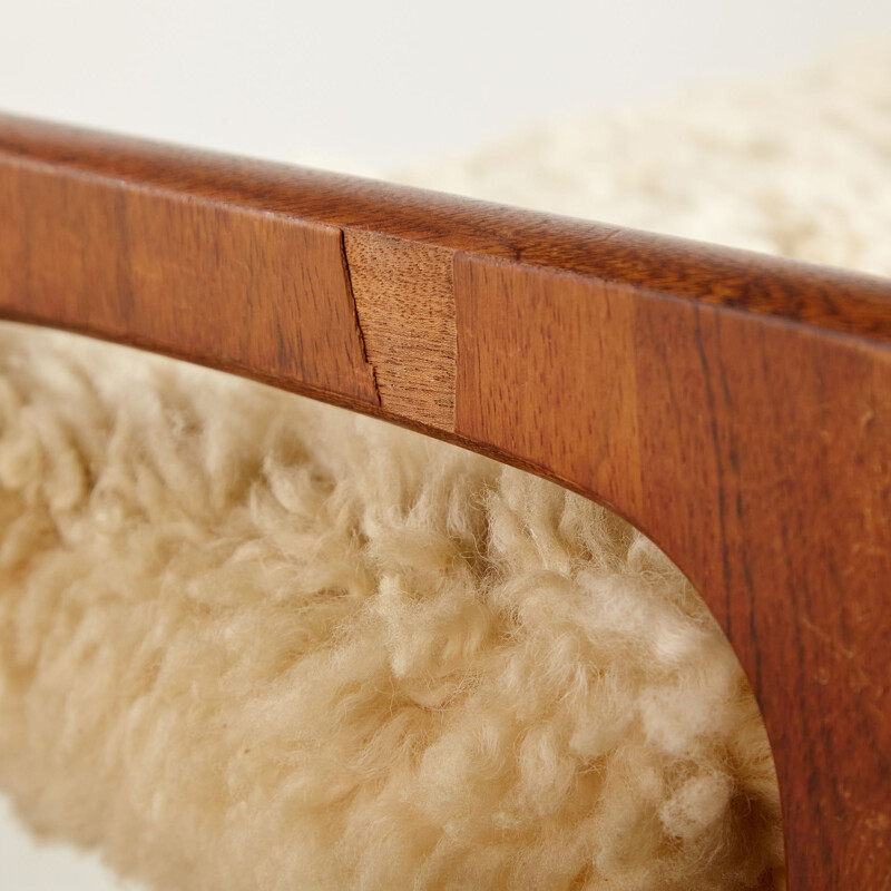 Teak vintage footrest with wool upholstery