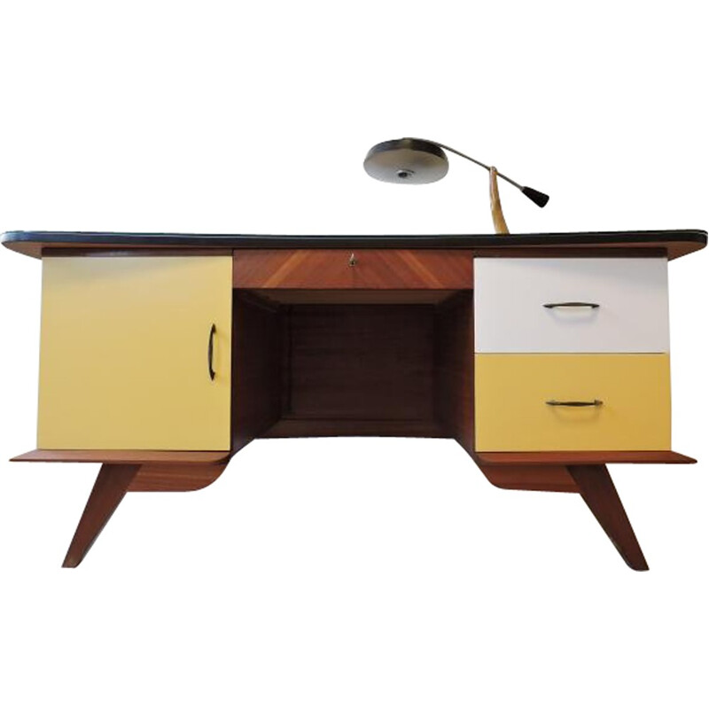 Large office desk in wood with compass legs - 1950s