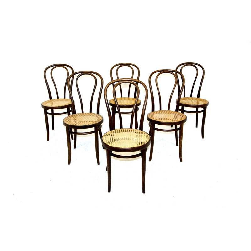 Lot de 6 chaises vintage bistrot en hêtre peint en noir et en canne pour Zpm Radomsko, 1930