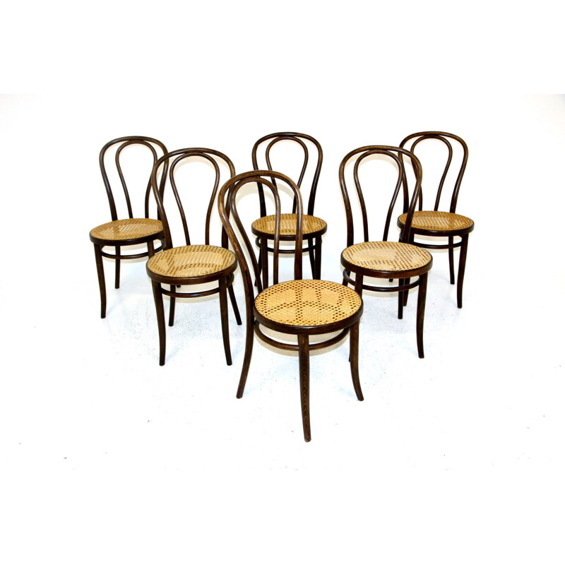 Lot de 6 chaises vintage bistrot en hêtre peint en noir et en canne pour Zpm Radomsko, 1930