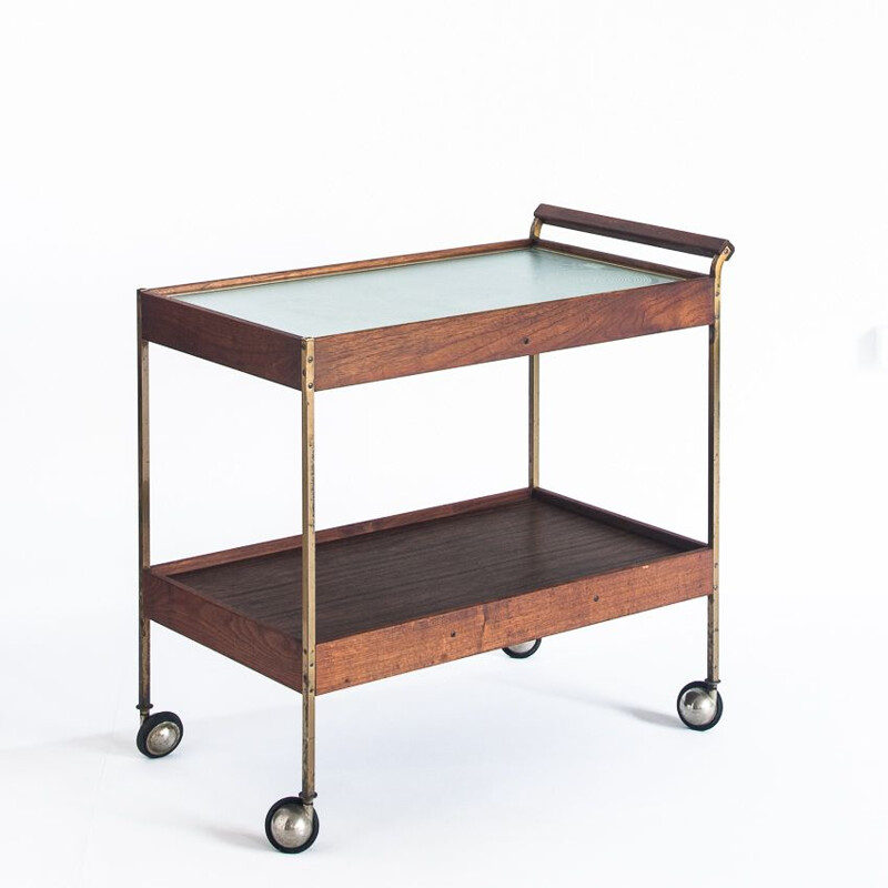 Vintage teak, brass and glass trolley, 1960