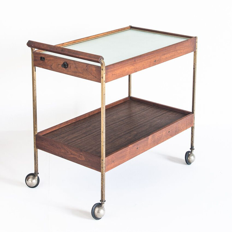 Vintage teak, brass and glass trolley, 1960
