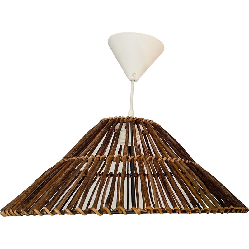 Vintage wood and wicker pendant lamp, 2000