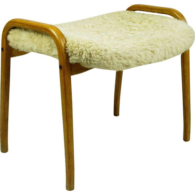 Repose-pieds vintage en bois de chêne et peau de mouton blanche laminée par Yngve Ekstrom pour Swedese, Suède 1950