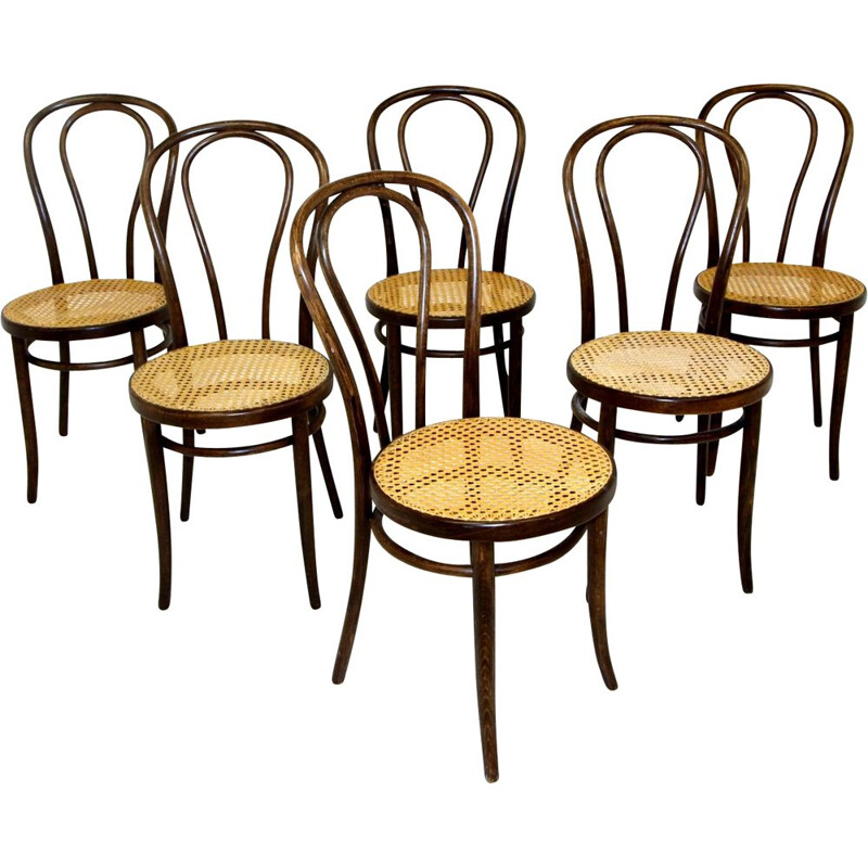 Lot de 6 chaises vintage bistrot en hêtre peint en noir et en canne pour Zpm Radomsko, 1930