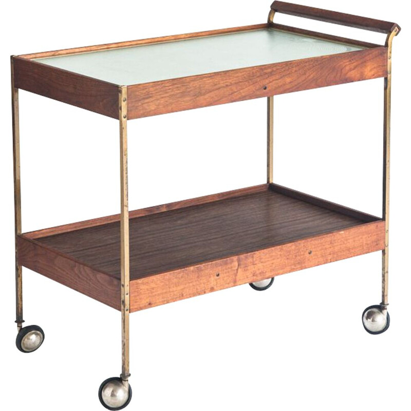 Vintage teak, brass and glass trolley, 1960