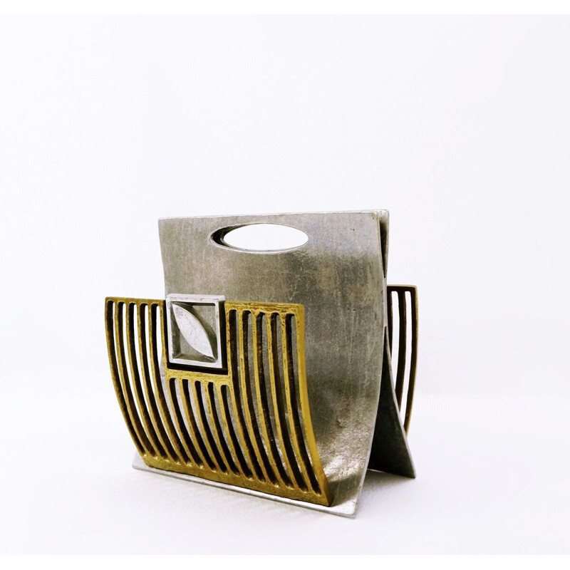 Vintage Brutalist magazine rack in brass and silver plated metal