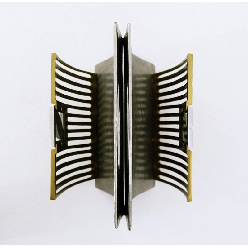 Vintage Brutalist magazine rack in brass and silver plated metal