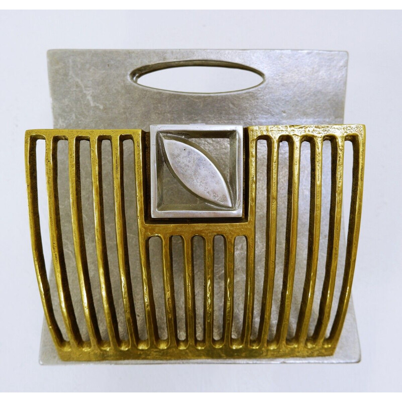 Vintage Brutalist magazine rack in brass and silver plated metal