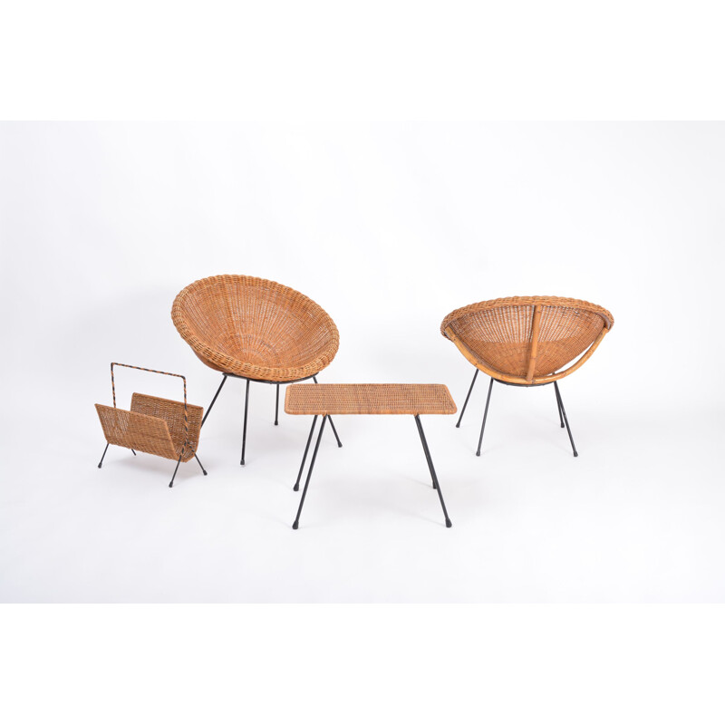 Set of Italian mid century rattan bowl chairs with side table and magazine rack