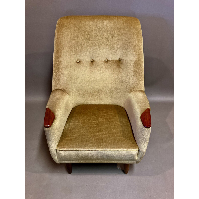 Scandinavian vintage armchair in velvet and teak, 1950