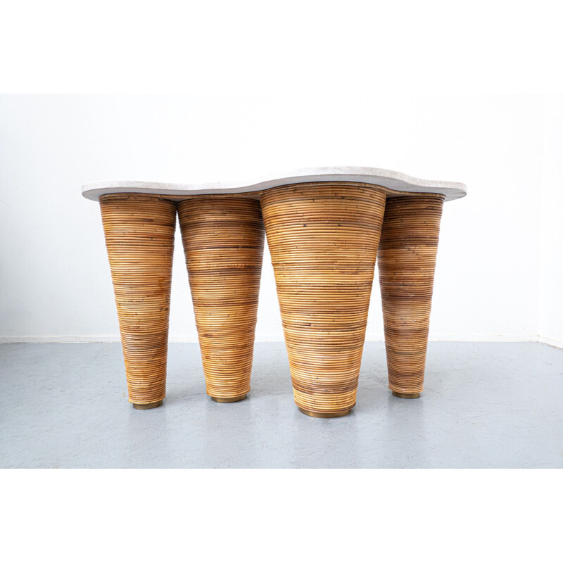 Mid century contemporary bamboo console with a giallo d'istria top, Italy