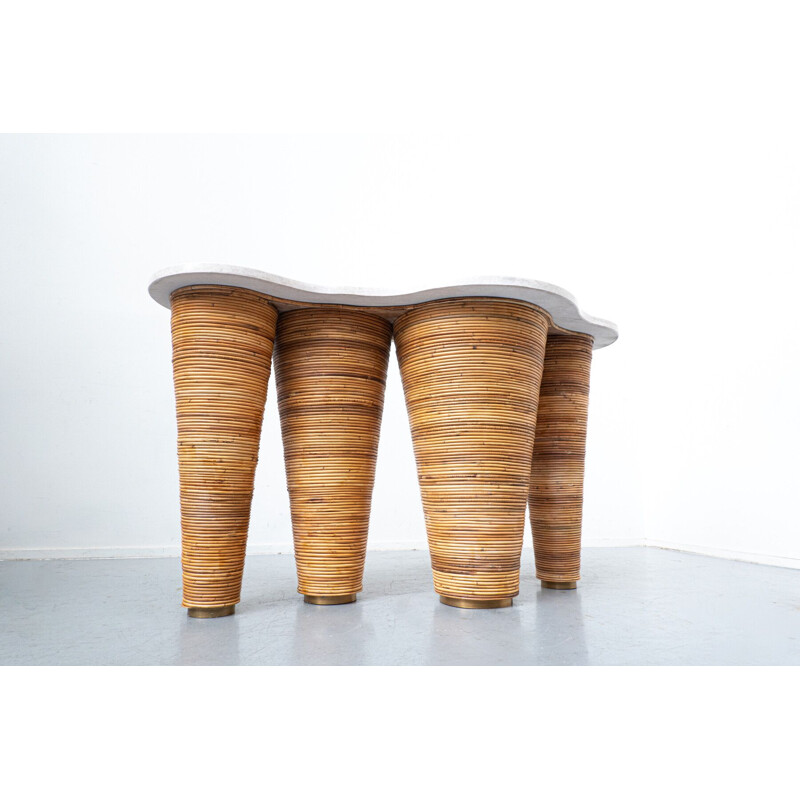 Mid century contemporary bamboo console with a giallo d'istria top, Italy