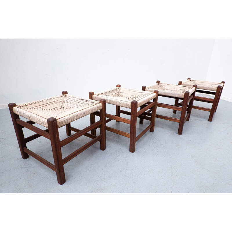 Pair of Italian vintage wood and rope stools, 1960s