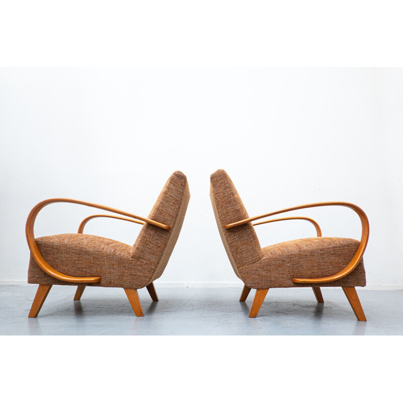 Pair of vintage wood and fabric armchairs model 410 by Jindrich Halabala, Czech 1940s