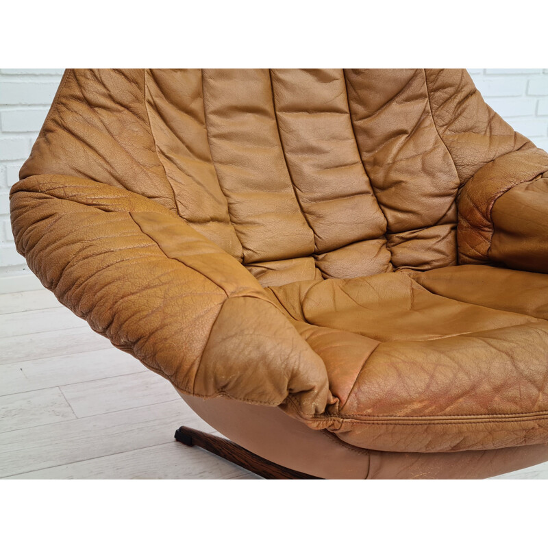 Danish vintage leather swivel armchair by H.W.Klein for Bramin, 1970s