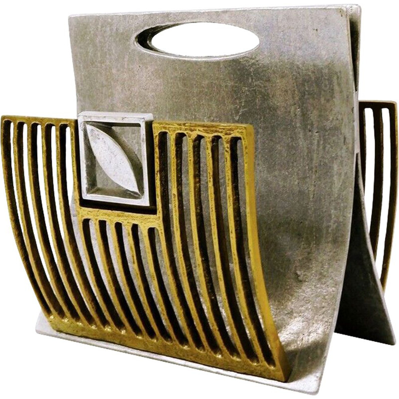 Vintage Brutalist magazine rack in brass and silver plated metal