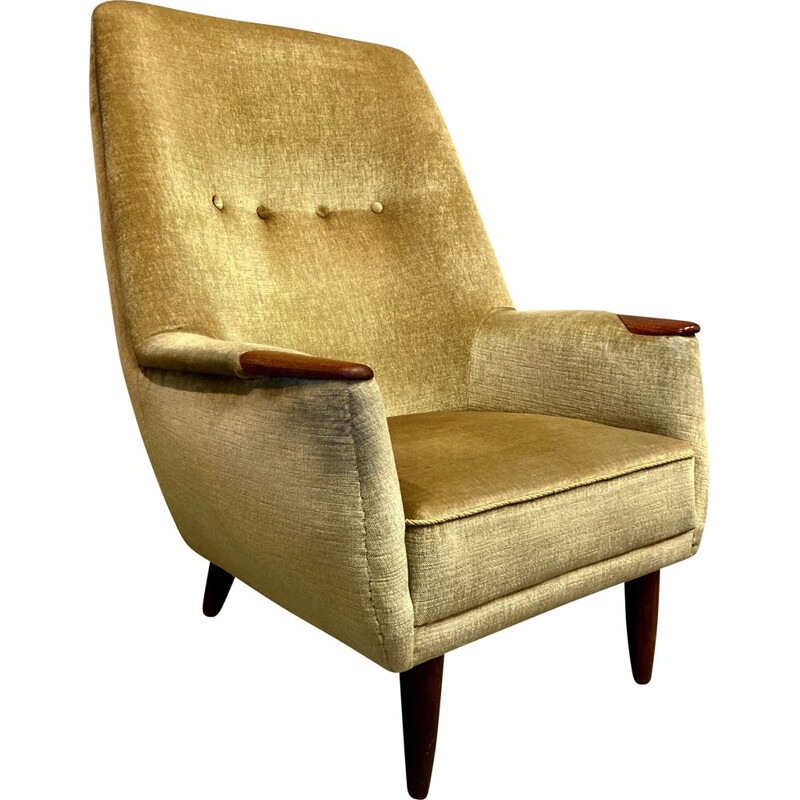 Scandinavian vintage armchair in velvet and teak, 1950