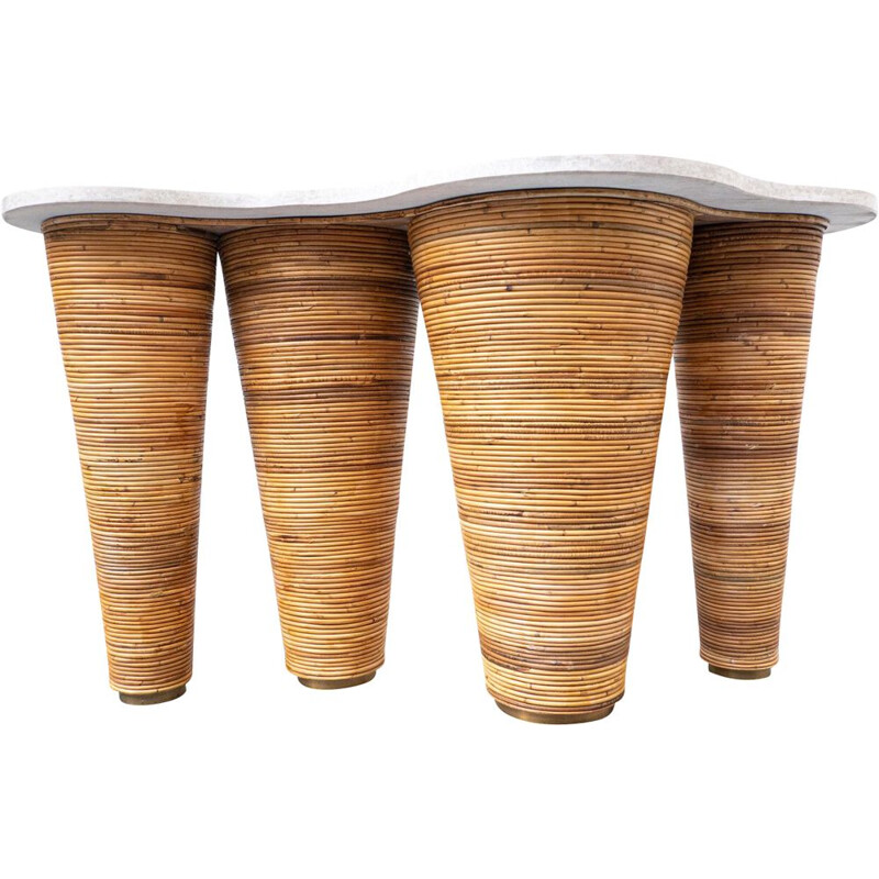 Mid century contemporary bamboo console with a giallo d'istria top, Italy