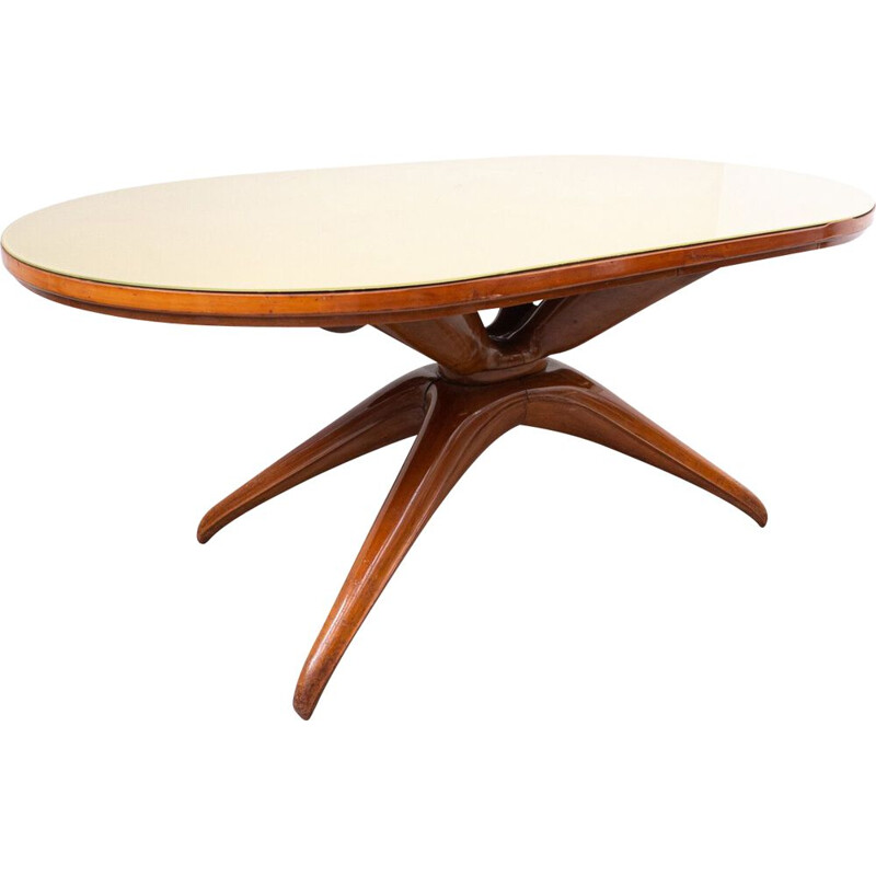 Vintage table in brown cherry wood and glass by Guglielmo Ulrich, Italy 1950