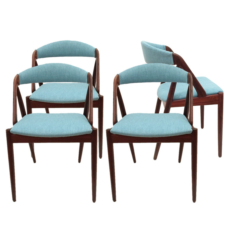 Suite de quatre chaises scandinaves bleues en bois palissandre, Kai KRISTIANSEN - 1960