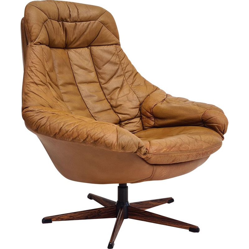 Danish vintage leather swivel armchair by H.W.Klein for Bramin, 1970s