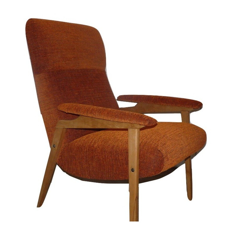 Vintage beukenhouten en oranje stoffen fauteuil - 1970