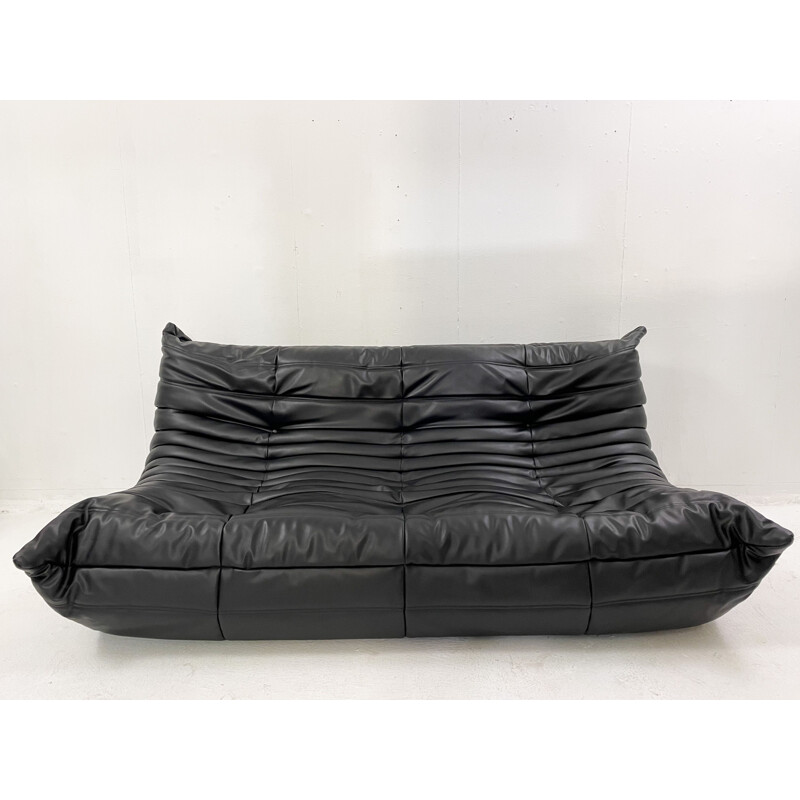 Vintage black vegan leather "Togo" sofa by Michel Ducaroy for Ligne Roset, 1970s
