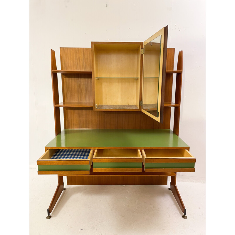 Mid-century Italian brown and green teak desk, 1950s