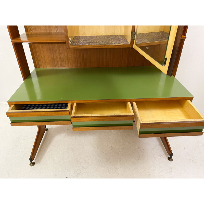 Mid-century Italian brown and green teak desk, 1950s