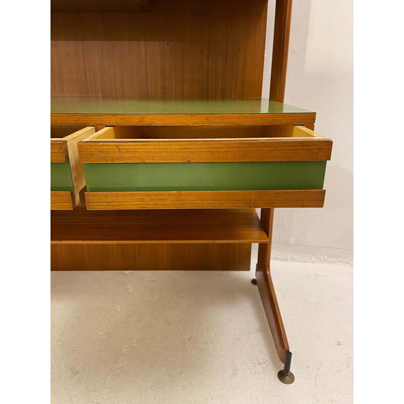 Bureau italien vintage en teck brun et vert, 1950