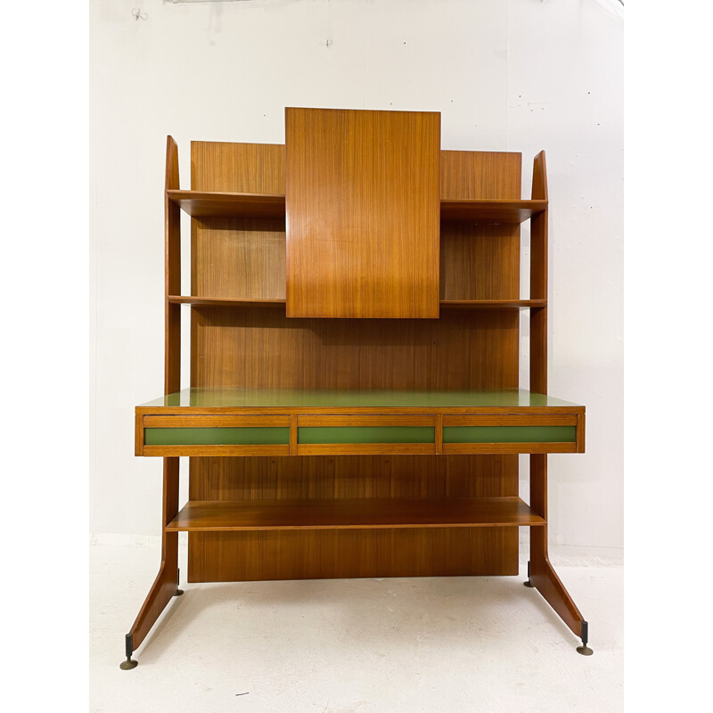 Bureau italien vintage en teck brun et vert, 1950