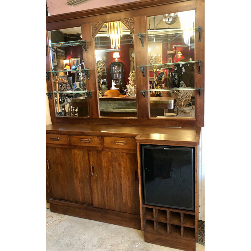 Vintage oakwood and glass bar counter, 1930