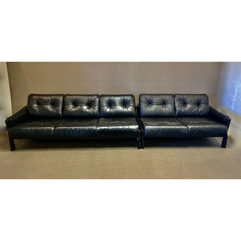 5 seater vintage black leather sofa, 1960