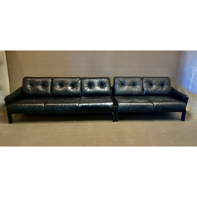 5 seater vintage black leather sofa, 1960