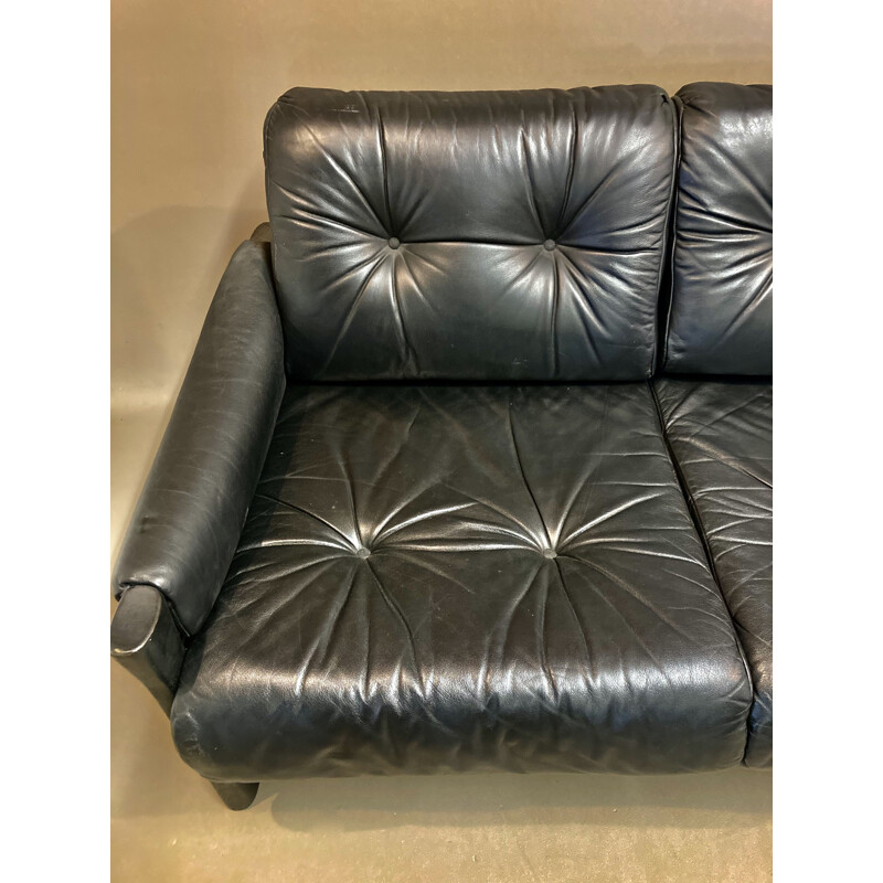 5 seater vintage black leather sofa, 1960